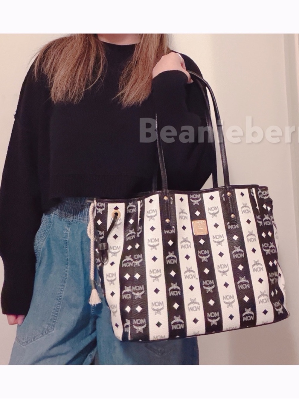 MCM Black and White Striped Visetos Tote with Gold Plaque Large